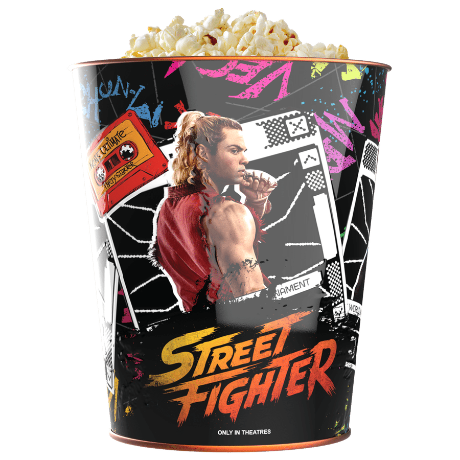 Popcorn bucket featuring Street Fighter artwork with bold neon graphics and a fighter illustration popcorn overflowing at the top