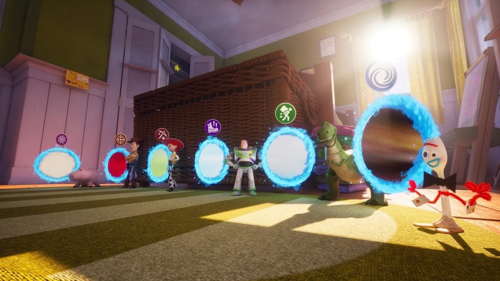 Line of toy characters standing before blue glowing portal discs in a playful room setup revealing a playful portal train of doors