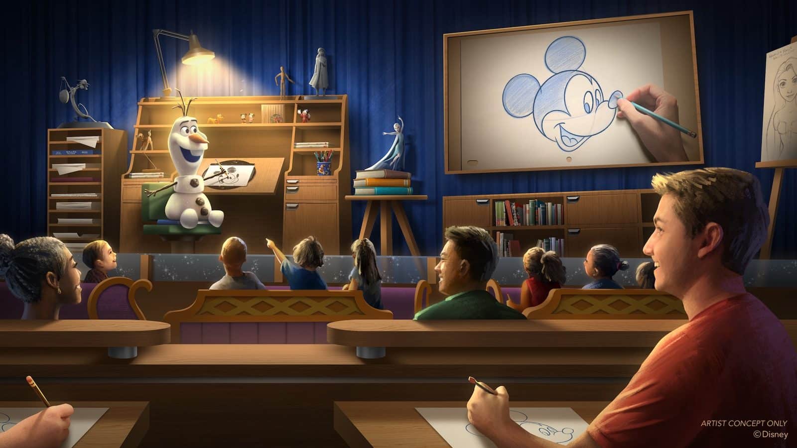 Animation workshop in a classroom auditorium Olaf the snowman at a drawing desk as kids sketch and a hand draws Mickey on a large screen