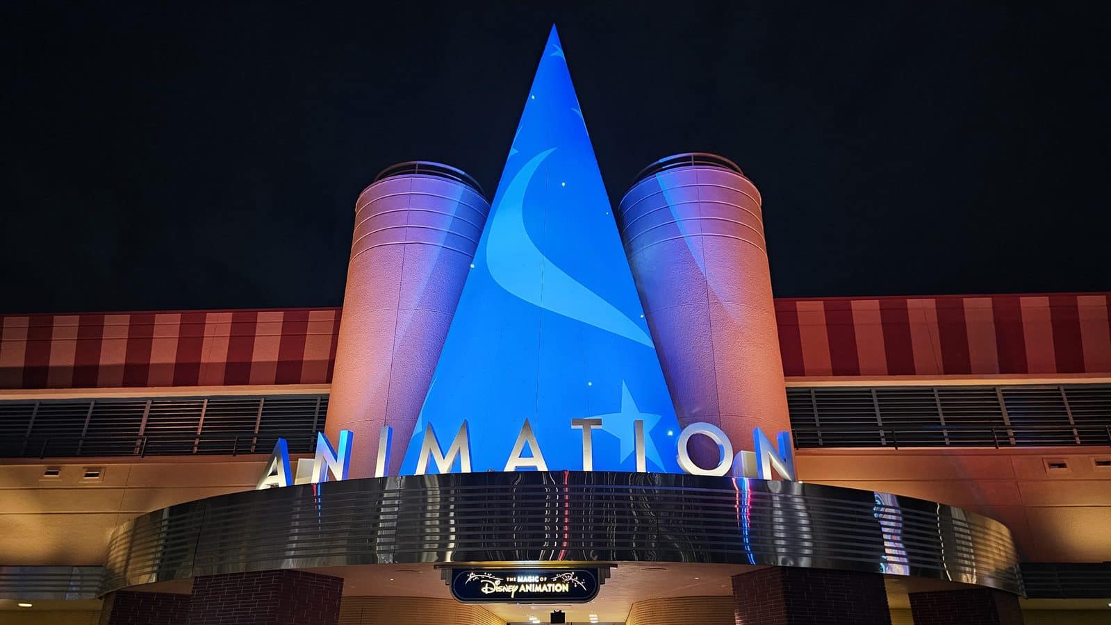 Magic of Disney Animation Courtyard Fully Lit at Night for First Time