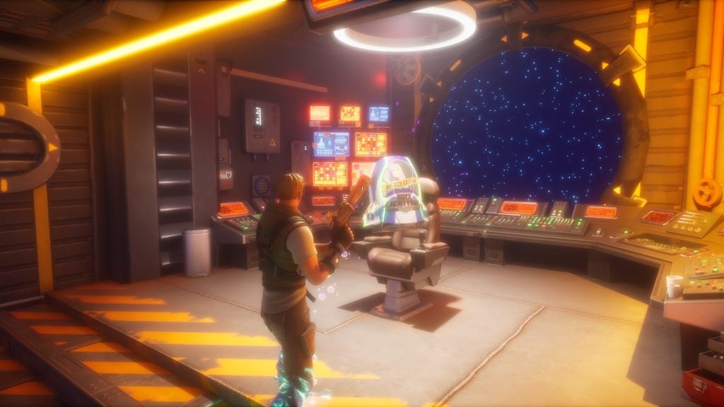 Person in a scifi vest holds a weapon in a spaceship control room with glowing consoles and a starry portal ahead