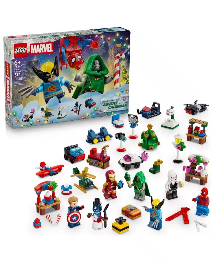 39066230fpx Fantasy Land News LEGO Marvel Advent Calendar 2026 box with Spider Man Loki and Iron Man minifigs and scattered small builds like vehicles and mini scenes