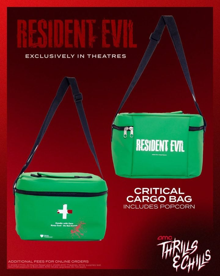 Promotional poster for Resident Evil Thrills  Chills showing two green medical bags with a red cross logo against a red gradient background