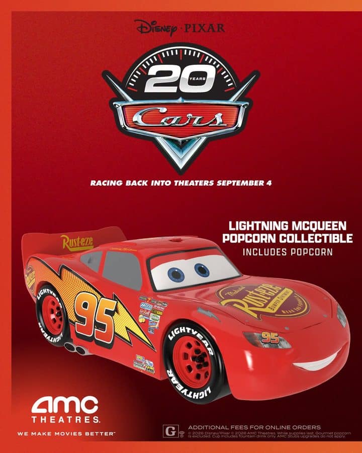 Promotional poster for Disney Pixar Cars 20 Years featuring Lightning McQueen with logos and theater branding