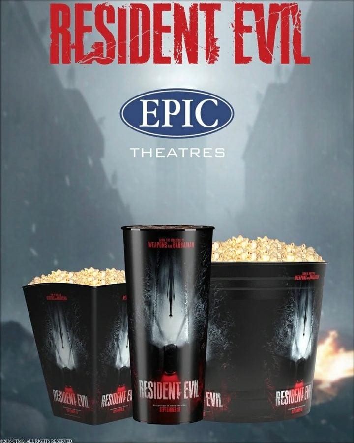 Poster promoting the Resident Evil movie featuring three black popcorn tubs with the film artwork and the Epic Theatres logo in the background