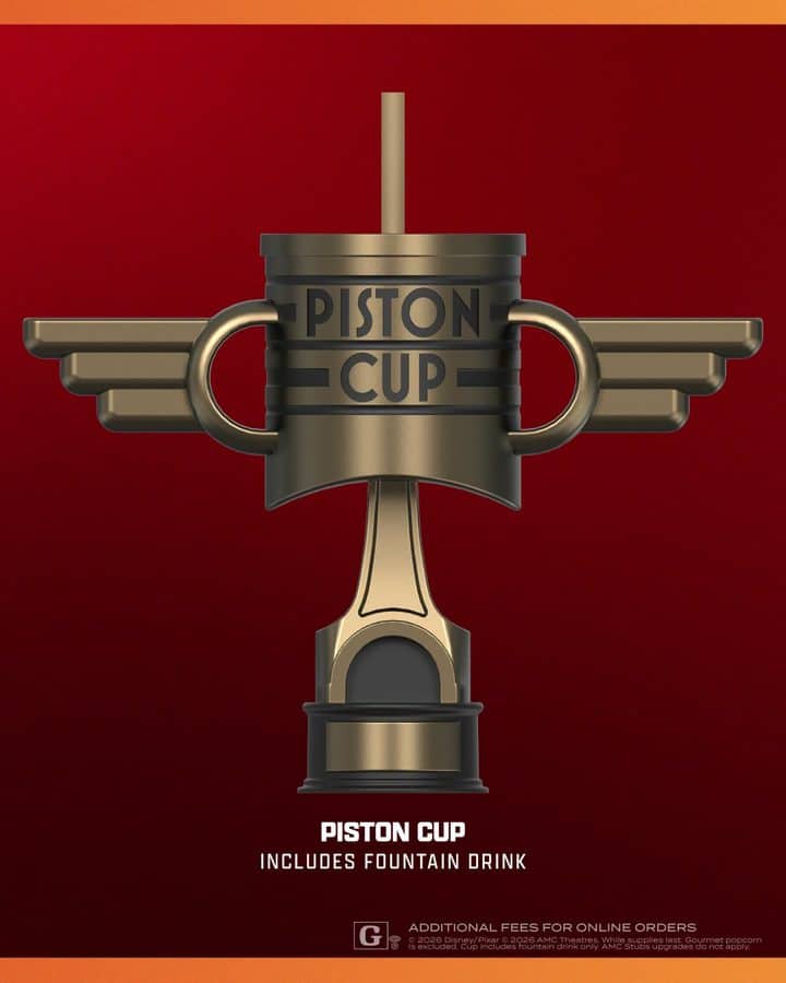 Bronze piston trophy with winged side fins on a red gradient background labeled Piston Cup