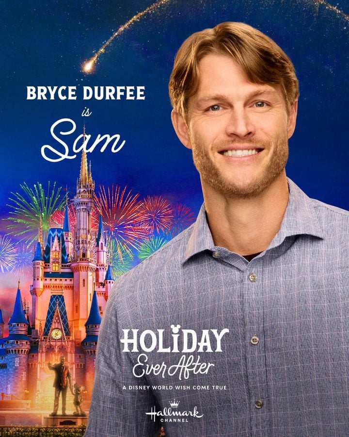 Promotional Hallmark poster Bryce Durfee as Sam smiling man in a checkered shirt with a Disney castle fireworks and night sky behind him