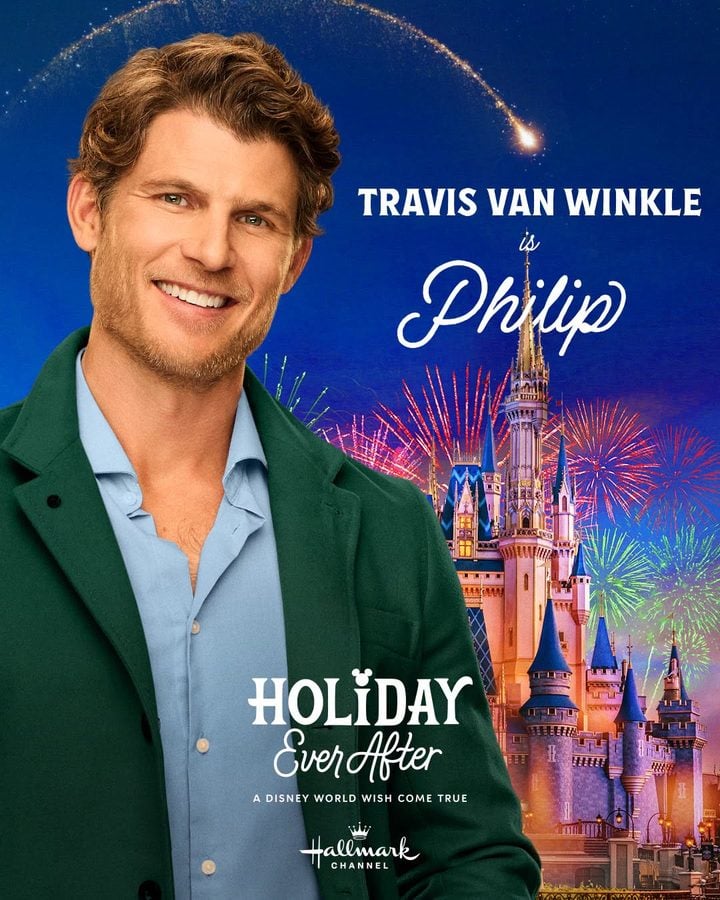 Poster showing Travis Van Winkle as Phillip for Hallmarks Holiday Ever After with a castle and fireworks in the background