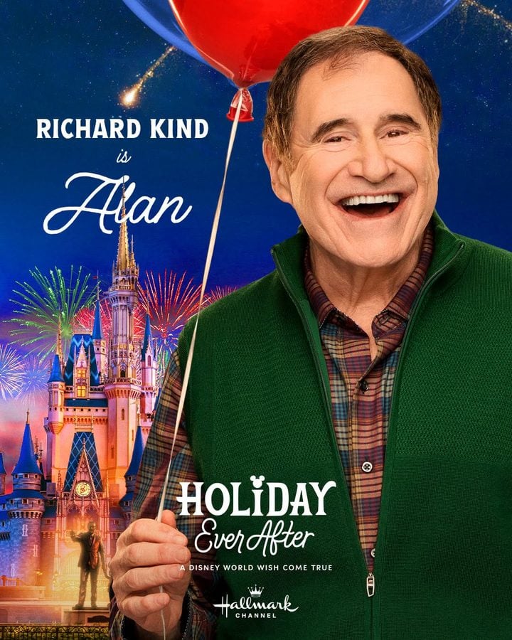 Promotional poster Richard Kind as Han smiling holding a balloon with a Disney castle and fireworks in the background Hallmark Channel holiday film