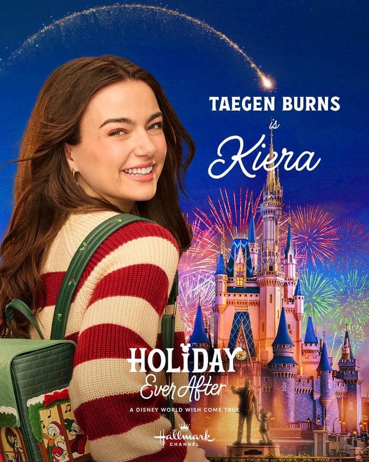 Poster for a Disney Channel movie Kiara Taegen Burns smiling with a green backpack in front of a castle and fireworks behind her