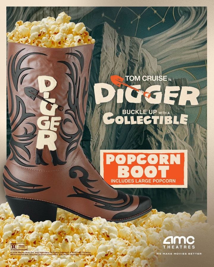 Movie poster for Digger featuring a brown cowboy boot filled with popcorn and bold title text AMC Theatres logo in the corner