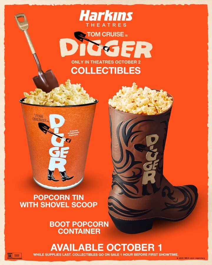 Bright orange movie poster featuring two popcorn containers one boot shaped on a vivid background advertising a Harkins Theatres release with Tom Cruise