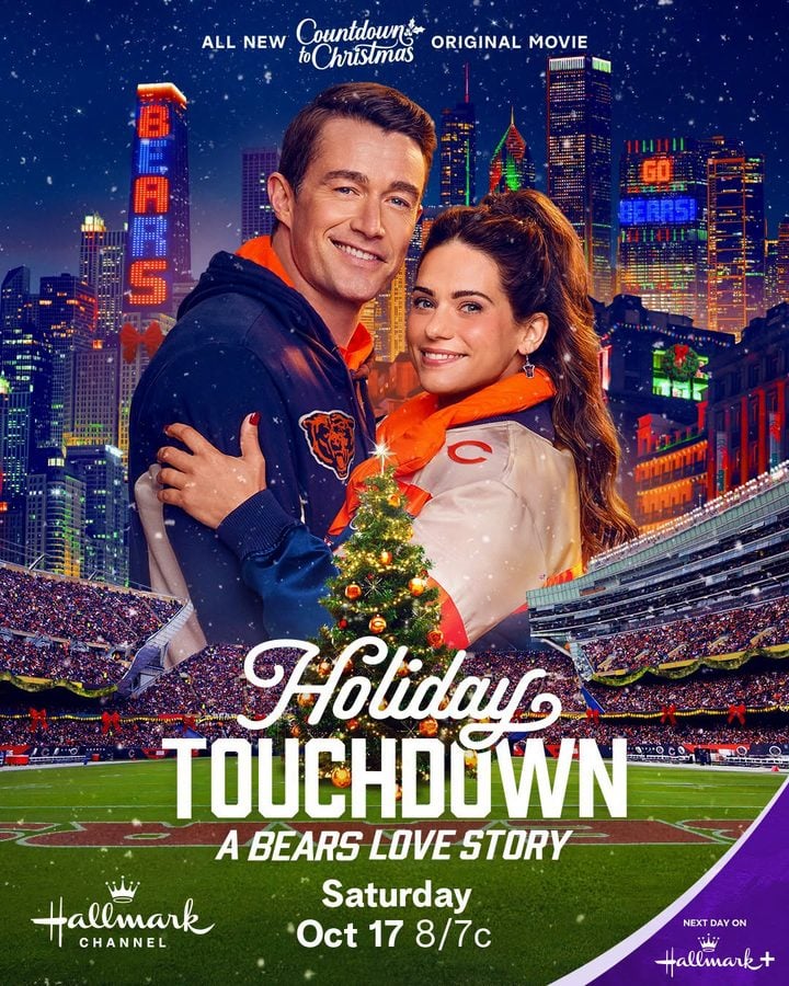 Promotional poster for Hallmark Channel a couple smiles and embraces with a Christmas tree stadium and city skyline at night for a Bears love story film