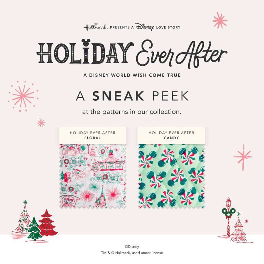 Promotional image for Holiday Ever After showing two fabric swatches labeled Floral and Candy on a pink background