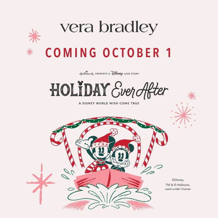 Promo poster for Vera Bradleys Holiday Ever After Disney collab with Coming October 1 text and Mickey and Minnie in a festive cart on a pink background