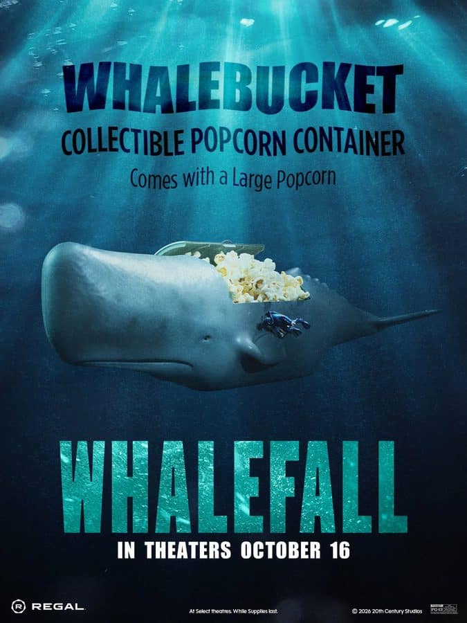 Movie poster for WhaleFall a whale underwater carrying a popcorn bucket labeled WhaleBucket with popcorn spilling promoting the film WhaleFall