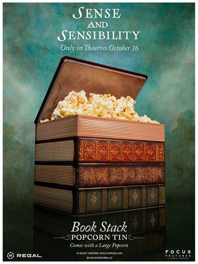 Poster for Sense and Sensibility a stack of ornate antique books with an open popcorn tin perched on top text includes the title and Only in Theatres October 16