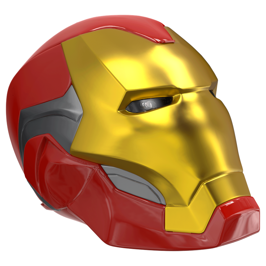 Close up of an Iron Man helmet in red and gold showing the forehead and eye slot area