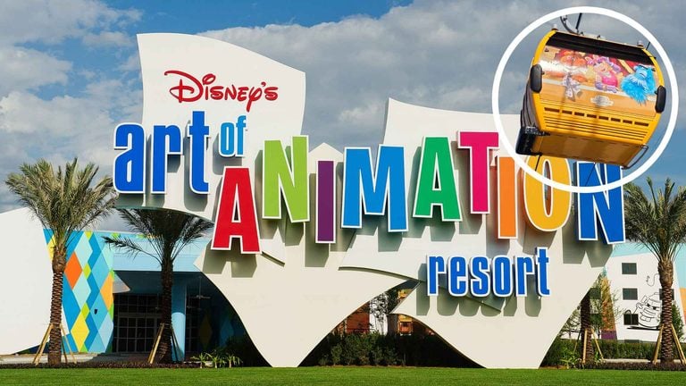 Exterior sign for Disney's Art of Animation Resort with large multicolored letters and palm trees in the foreground.