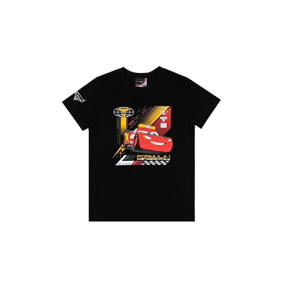 Black T shirt with a large colorful Cars themed graphic on the front featuring a red race car and yellow accents