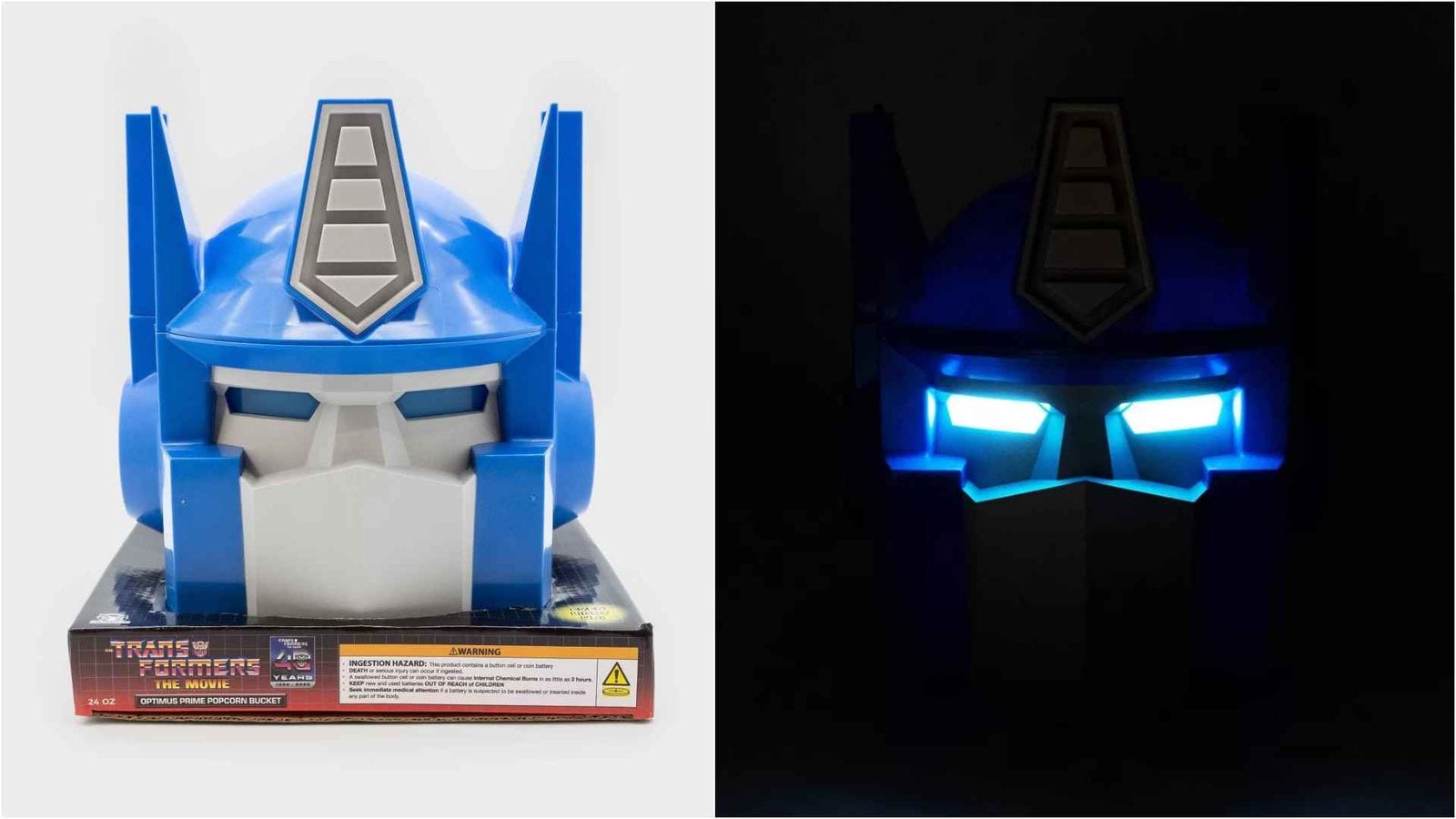 Blue Transformers Optimus Prime popcorn bucket on its box front view with packaging visible beneath