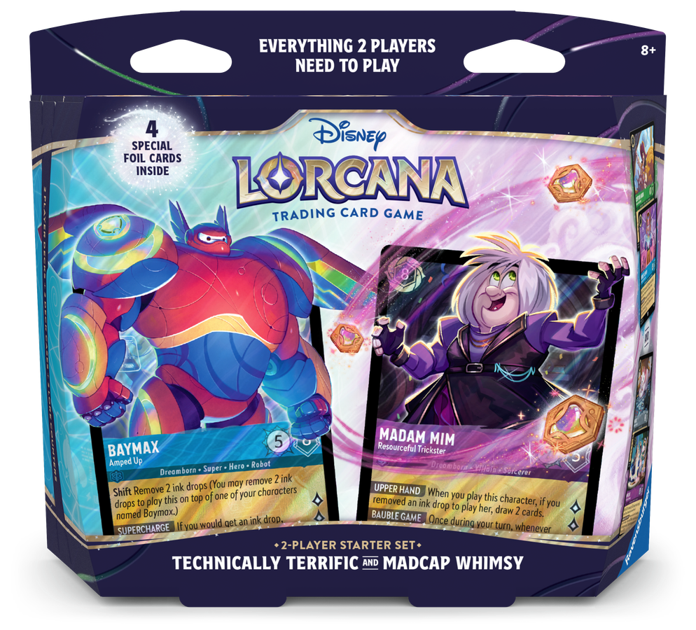 DLCS142PlayerboxFrontENv2 Fantasy Land News Box for Disney Lorcana 2 Player Starter Set featuring colorful character artwork and the slogan Everything 2 Players Need to Play on the top flap with 2 Player Starter Set text visible at bottom