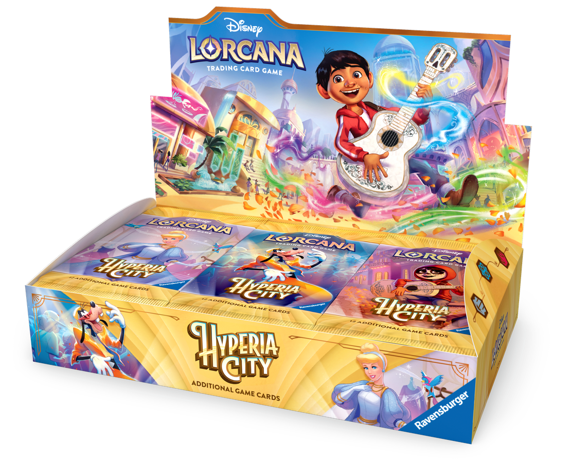 DLCS14BoosterDisplayOpenFrontangledENv2 Fantasy Land News Colorful display box for Disney Lorcana trading card game with a smiling boy playing a guitar in a vibrant cityscape background