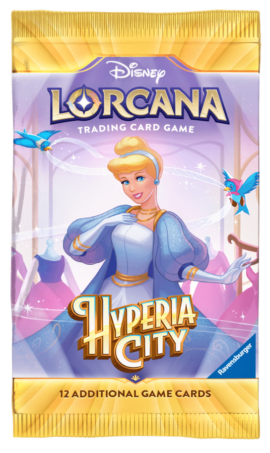 Disney Lorcana trading card game booster pack featuring Cinderella artwork and a purple gold design with 12 additional game cards mentioned at the bottom