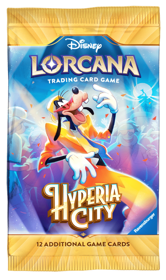 Lorcana trading card game booster pack featuring Goofy dancing against a blue city backdrop with the 12 additional game cards note at the bottom