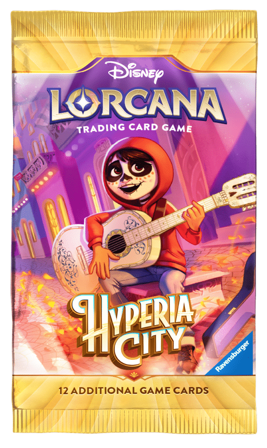 Disney Lorcana trading card game booster pack featuring a character in a red hoodie playing a guitar amid a vibrant purple cityscape thumbnail art