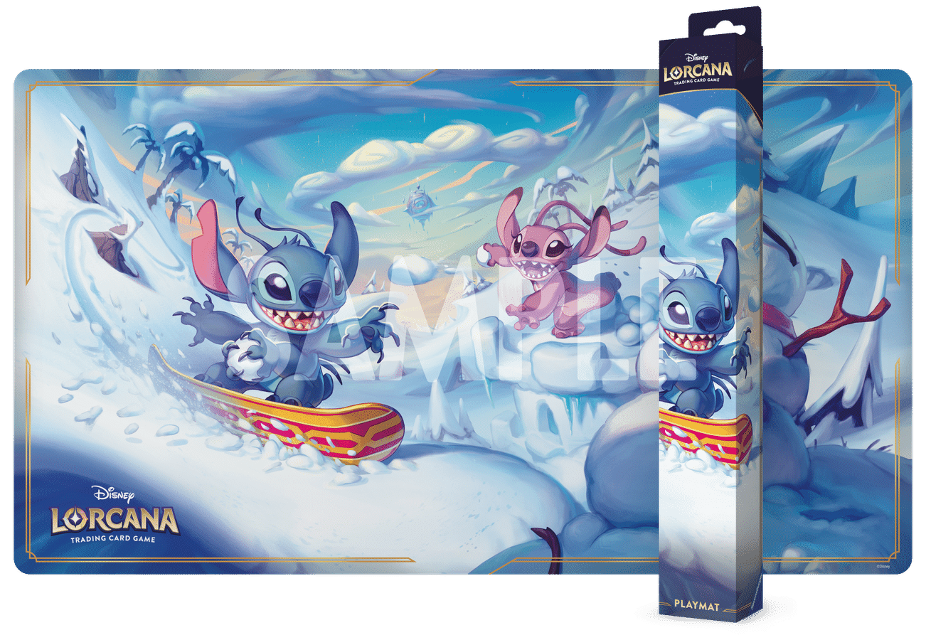 Disney Lorcana playmat with a snowy winter scene and Stitch like character jumping on a snowboard