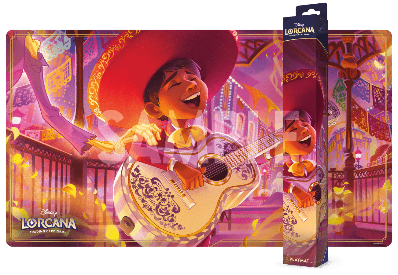 Two cheerful kids in wide brimmed hats play guitars in a vibrant carnival street for Disney Lorcana trading card game packaging