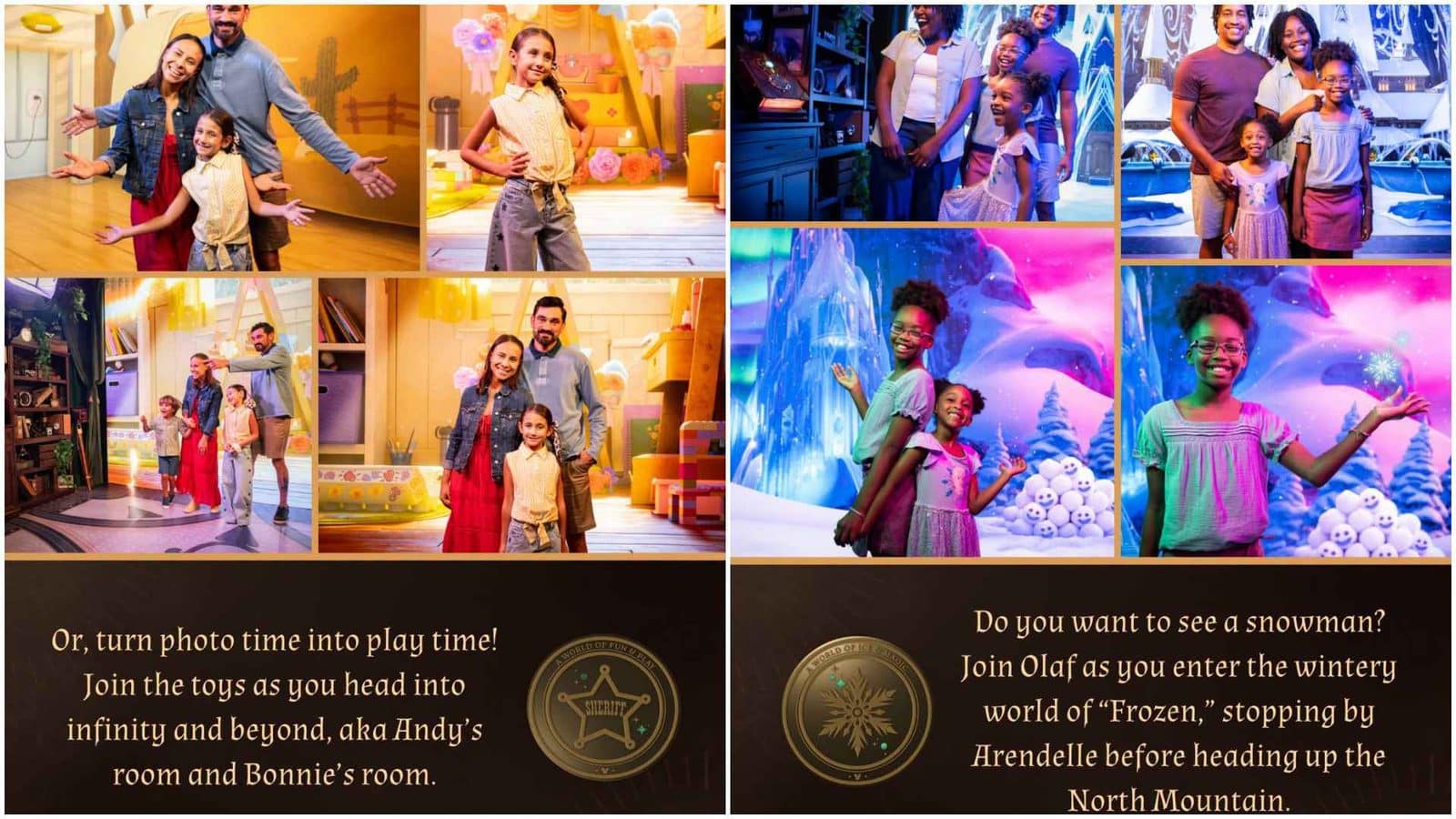 Collage of a family in a bright toy store setting with kids posing in colorful rooms plus a separate winterFrozen themed backdrop with smiling children At the bottom text invites turning photos into playtime lessons