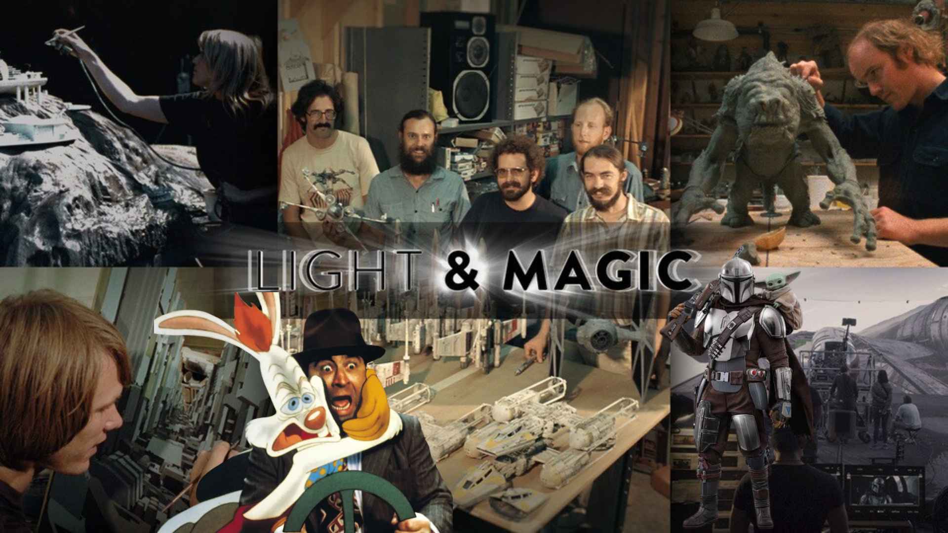 Collage of model-making and film-effects work with a crew of designers and builders, overlaid with the title Light & Magic in the center.