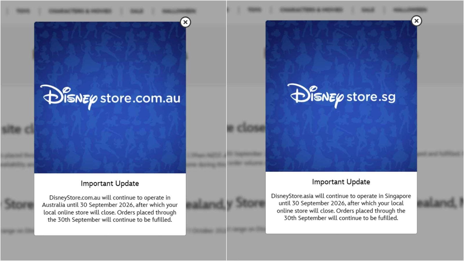 Dismissible Disney Store update modal blue with white logo showing Important Update and notice about Australia store closing Sept 30 2026