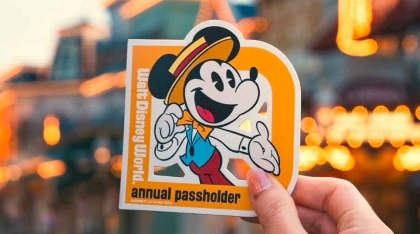 Cartoon mouse mascot on an orange sign that reads annual passholder held up with blurred lights in the background
