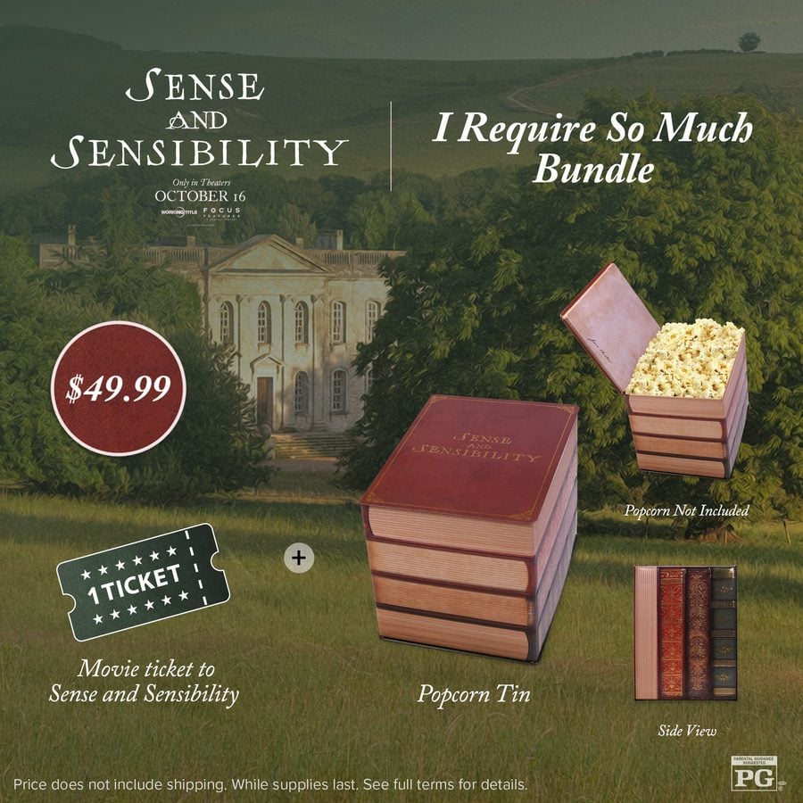 Movie tie in promotion for Sense and Sensibility featuring popcorn tins and books on a grassy background with price tag imagery and Popcorn Not Included note