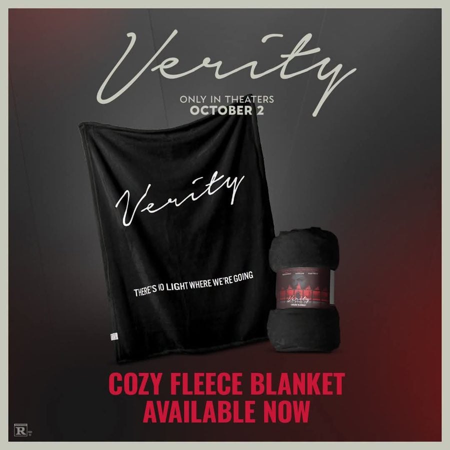 Verity promotional poster showing a black fleece blanket and a rolled blanket with the Verity signature against a dark gradient background with bold red text saying Cozy Fleece Blanket Available Now