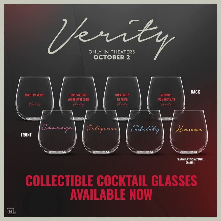 Advertisement for collectible cocktail glasses with slogans Courage Diligence Fidelity and Honor displayed on glasses and'COLLECTIBLE COCKTAIL GLASSES AVAILABLE NOW' text at bottom