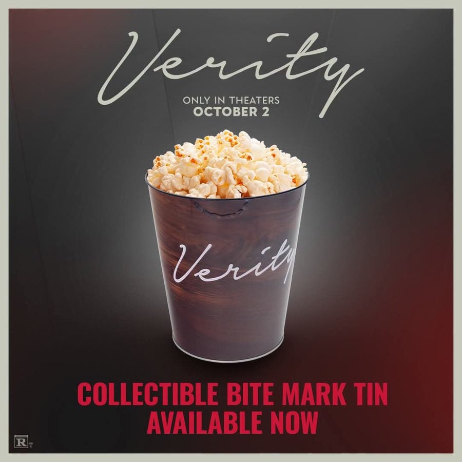 Movie poster for Verity featuring a brown popcorn tin with the Verity script dark background and bold red text reading COLLECTIBLE BITE MARK TIN AVAILABLE NOW