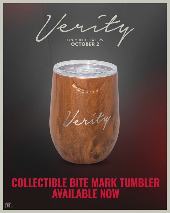Promotional poster for the movie Verity featuring a wooden tumbler and bold red release text at the bottom