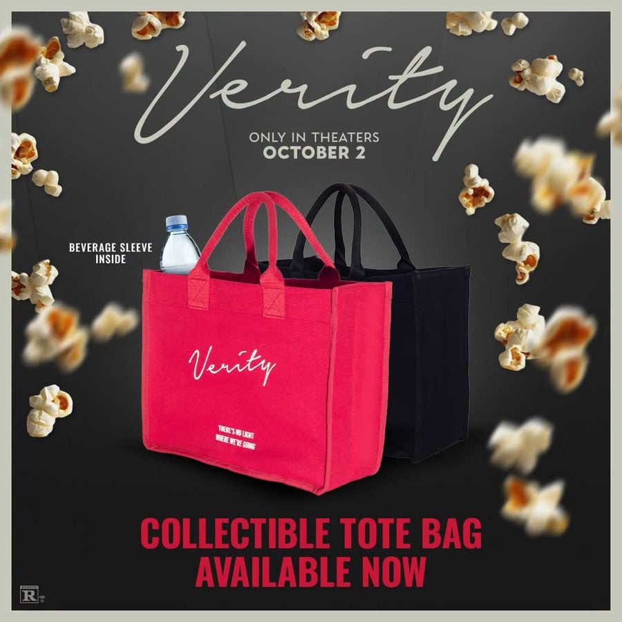 Promotional poster for Verity collectible tote bags featuring a pink tote in front and a black tote behind with bold red text announcing COLLECTIBLE TOTE BAG AVAILABLE NOW Popcorn accents surround the bags on a dark background