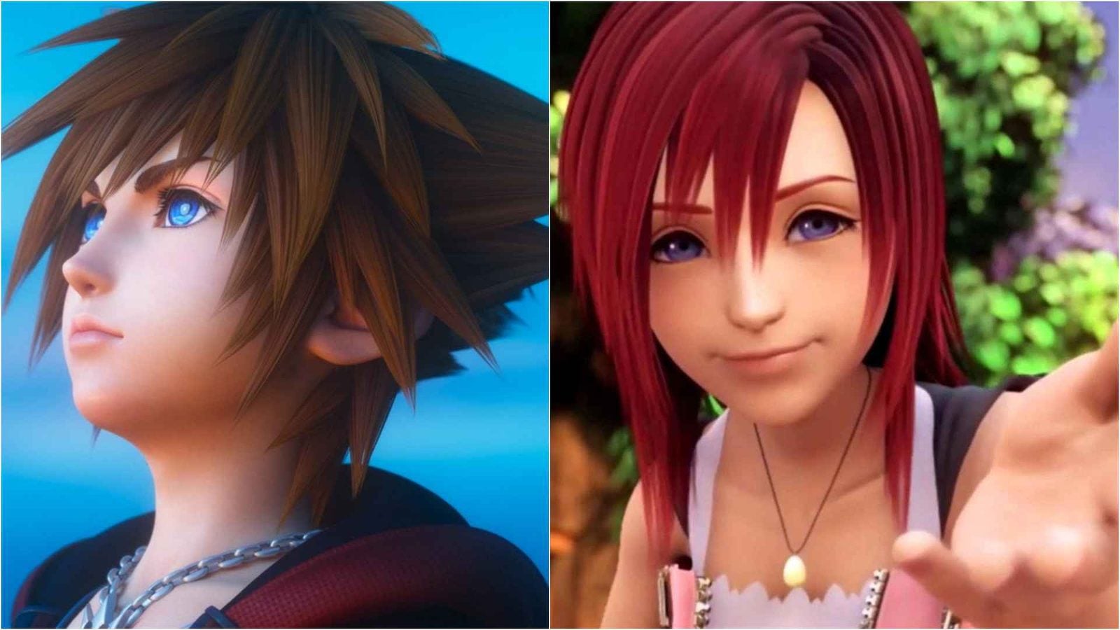 Two anime style characters side by side left with brown hair and blue eyes looking upward right with red hair and purple eyes smiling at the camera in a split screen collage