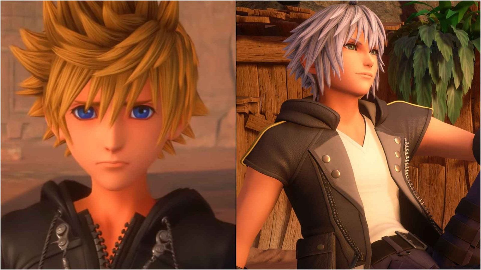 Two panel image left shows Sora with blue eyes and spiky blond hair in a black jacket right shows Riku with silver hair in a leather vest against a wooden background