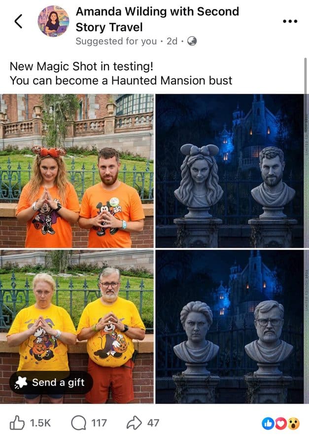 Split collage left shows a man and woman in orange Mickey shirts posing with hands together outdoors right shows two busts in front of a blue lit Haunted Mansion backdrop