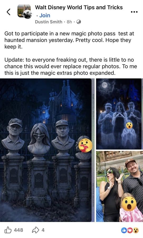 Collage showing a blue lit Haunted Mansion exterior with bust statues plus a panel of a ghostly group and surprised emojis over people posing for photos in a theme park setting