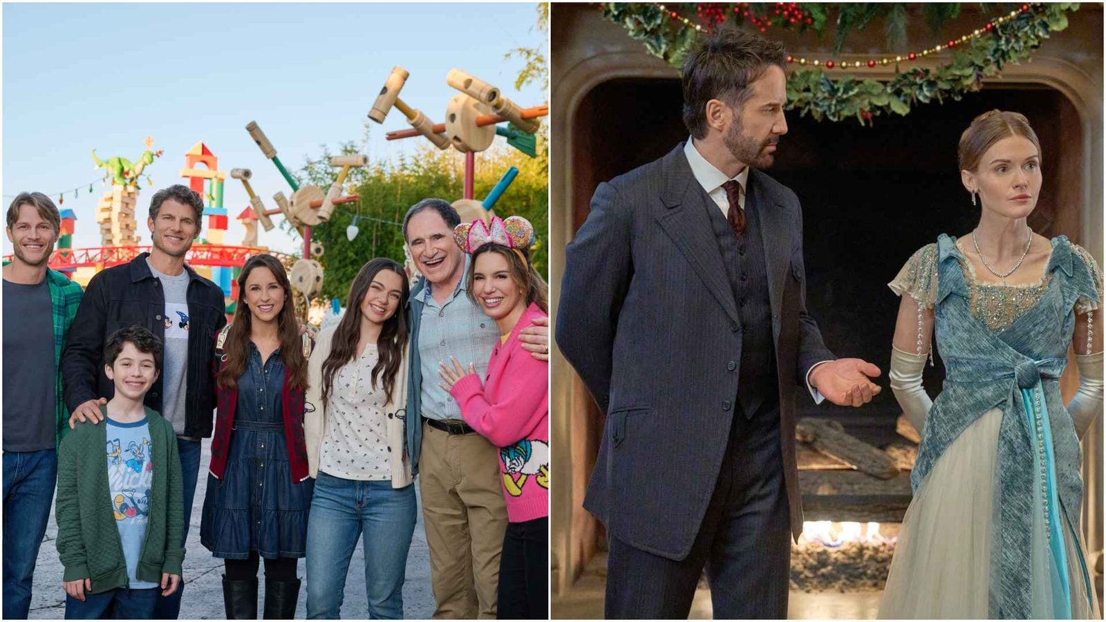 Left a diverse group of friends posing and smiling at a colorful amusement park with large wooden rides in the background right a man in a suit talks with a woman in a silver blue gown under festive garlands in a backstage scene