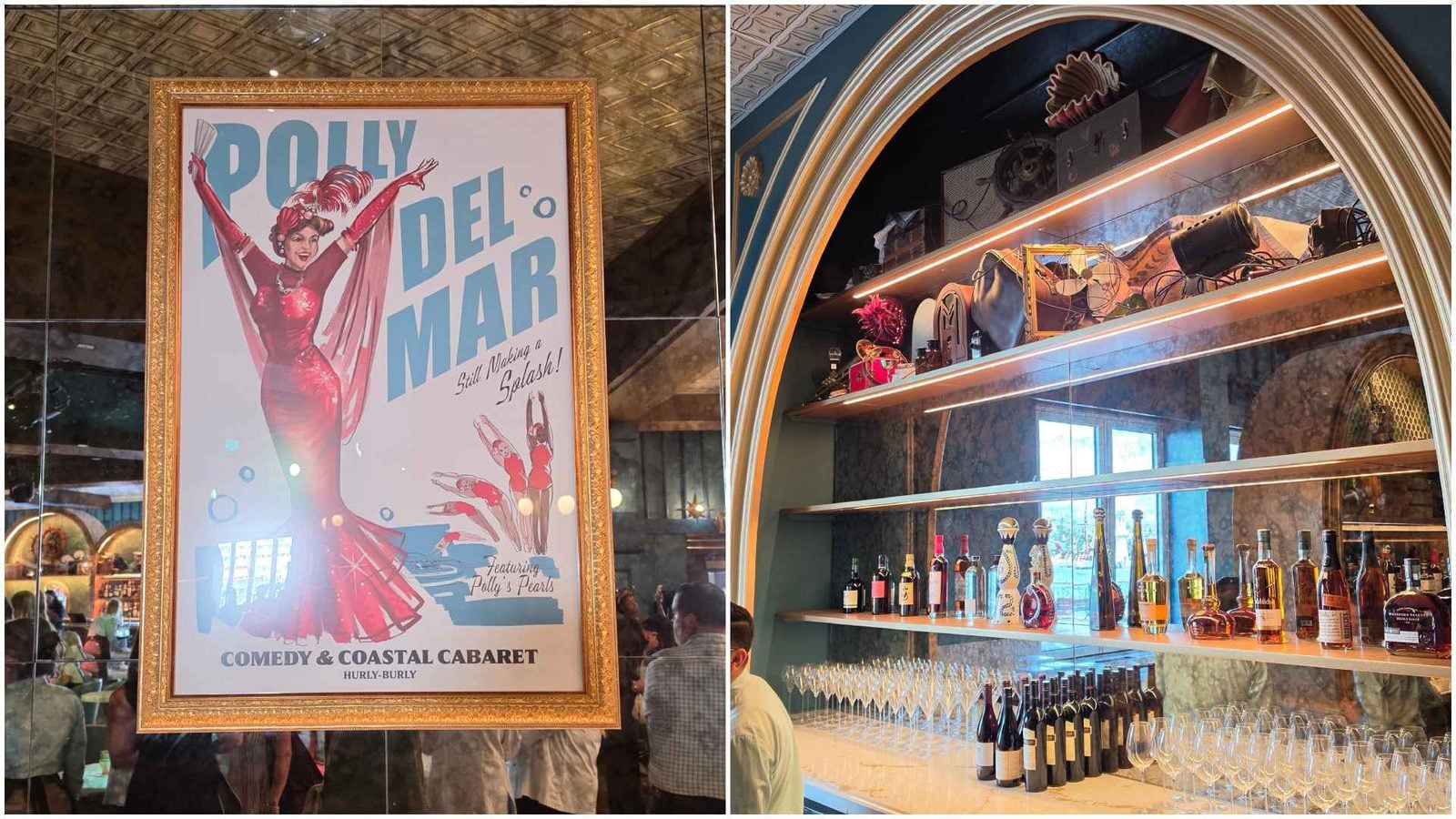 Framed vintage poster for Polly Del Mar comedy cabaret on a reflective wall left and a neon lit bar with bottles and glassware on shelves right