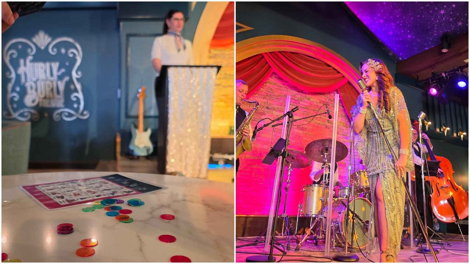 Split screen left shows a tabletop game with a printed sheet and colorful bottle caps right features a female singer on stage with a band under pink lights