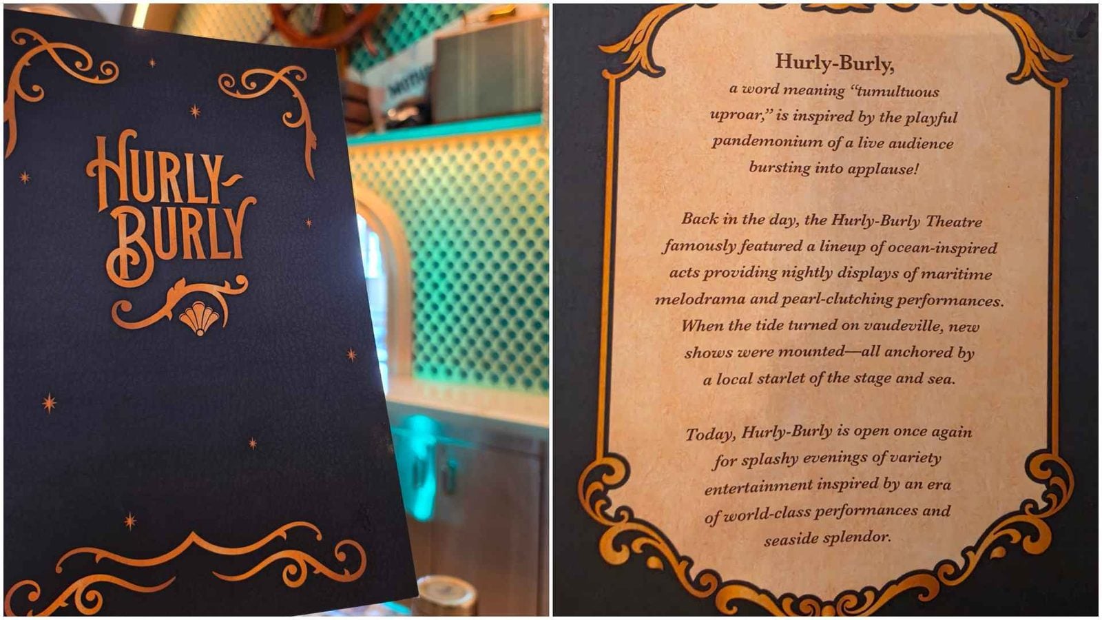 Poster for Hurly Burly with ornate orange typography on dark blue background and decorative flourishes on the cornerslines of the page left side image